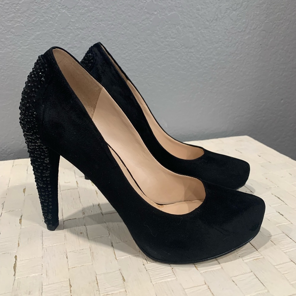 Black Suede-like Pumps with Rhinestones